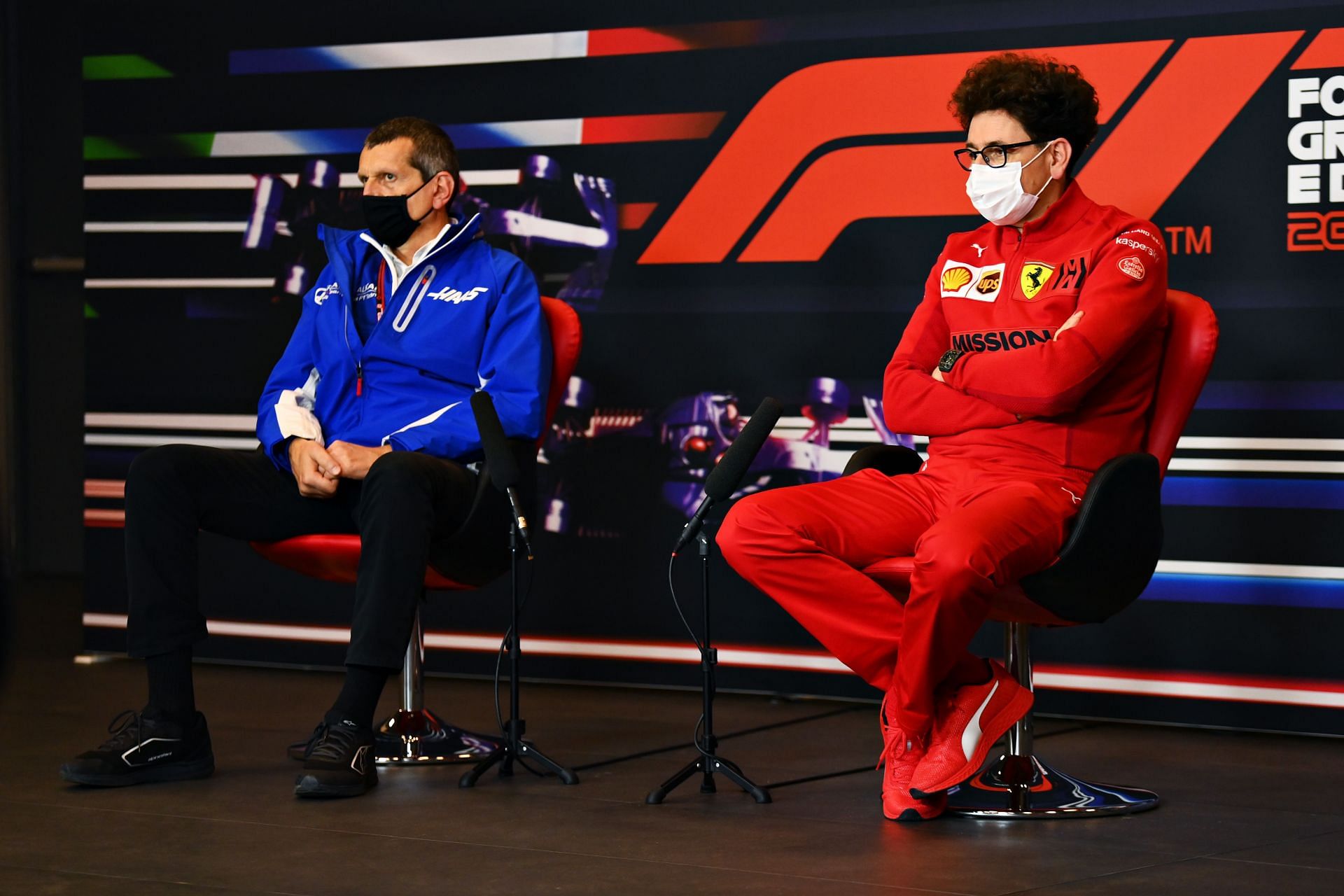 Haas team principal Gunther Steiner (l) and Ferrari team principal Mattia Binotto (r). (Photo by Clive Mason/Getty Images)