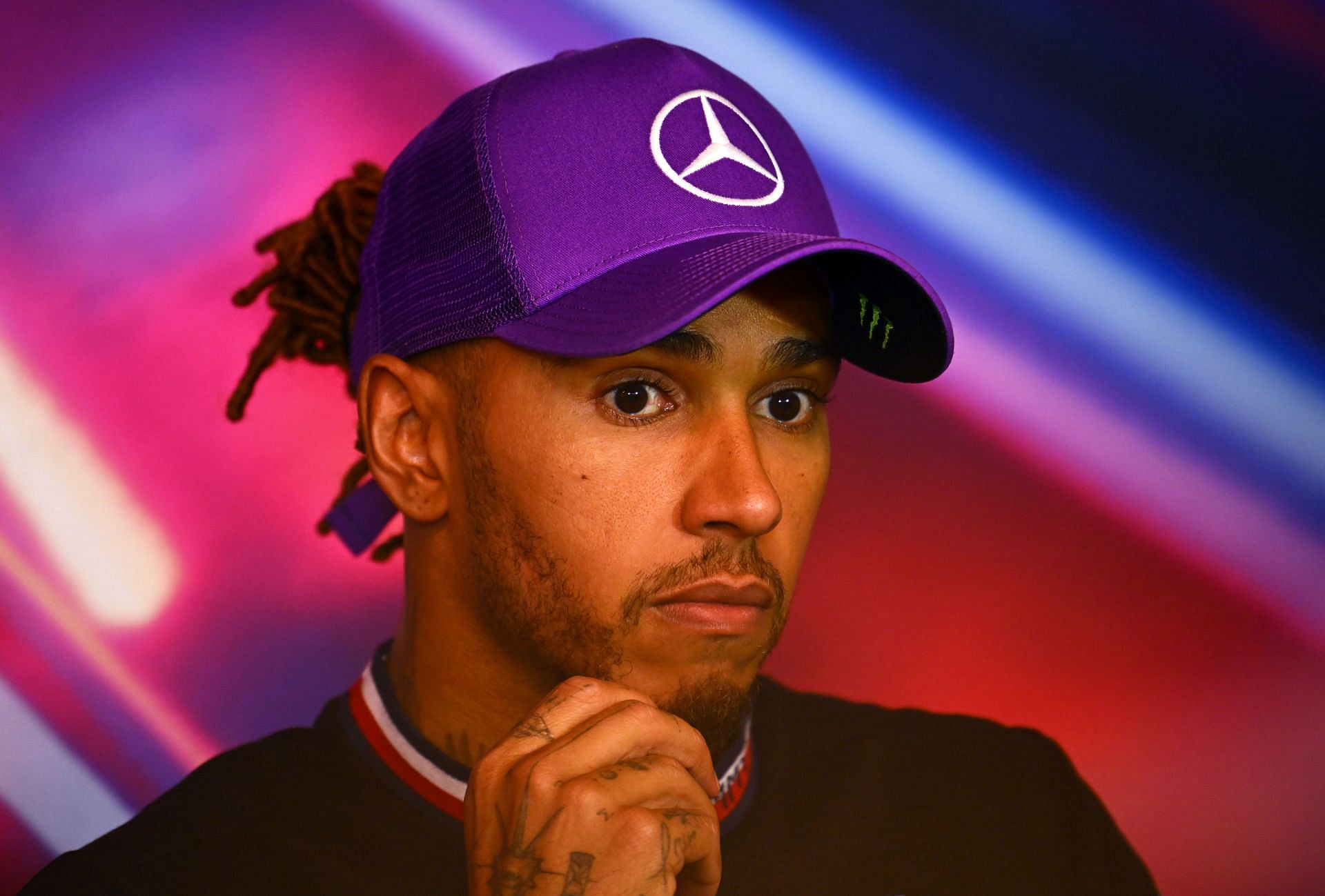 Hamilton attends the press conference after the F1 Grand Prix of Canada at Circuit Gilles Villeneuve on June 19, 2022 in Montreal, Quebec. (Photo by Clive Mason/Getty Images)