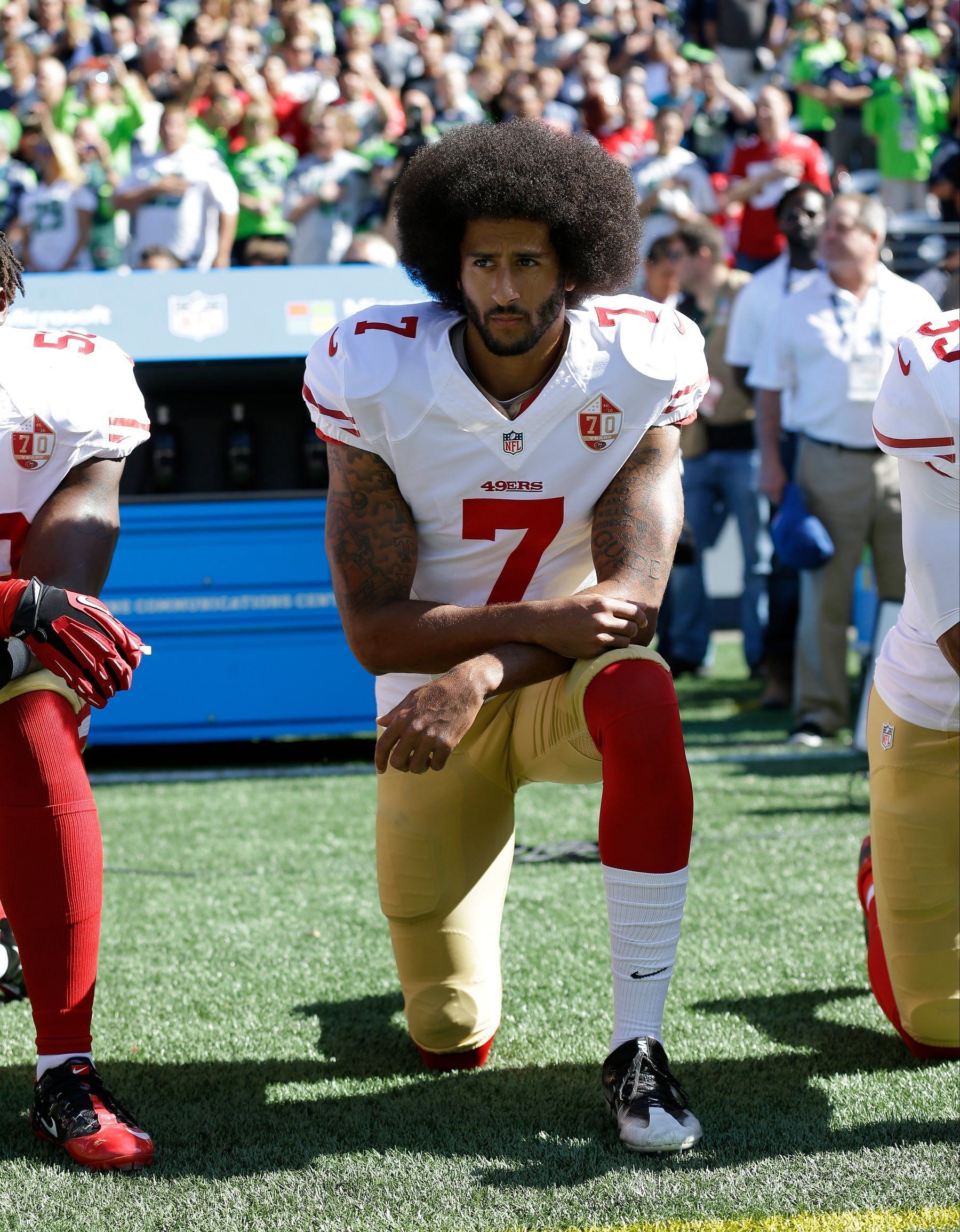 Kaepernick taking a knee during a 49ers game. Source: The New York Times