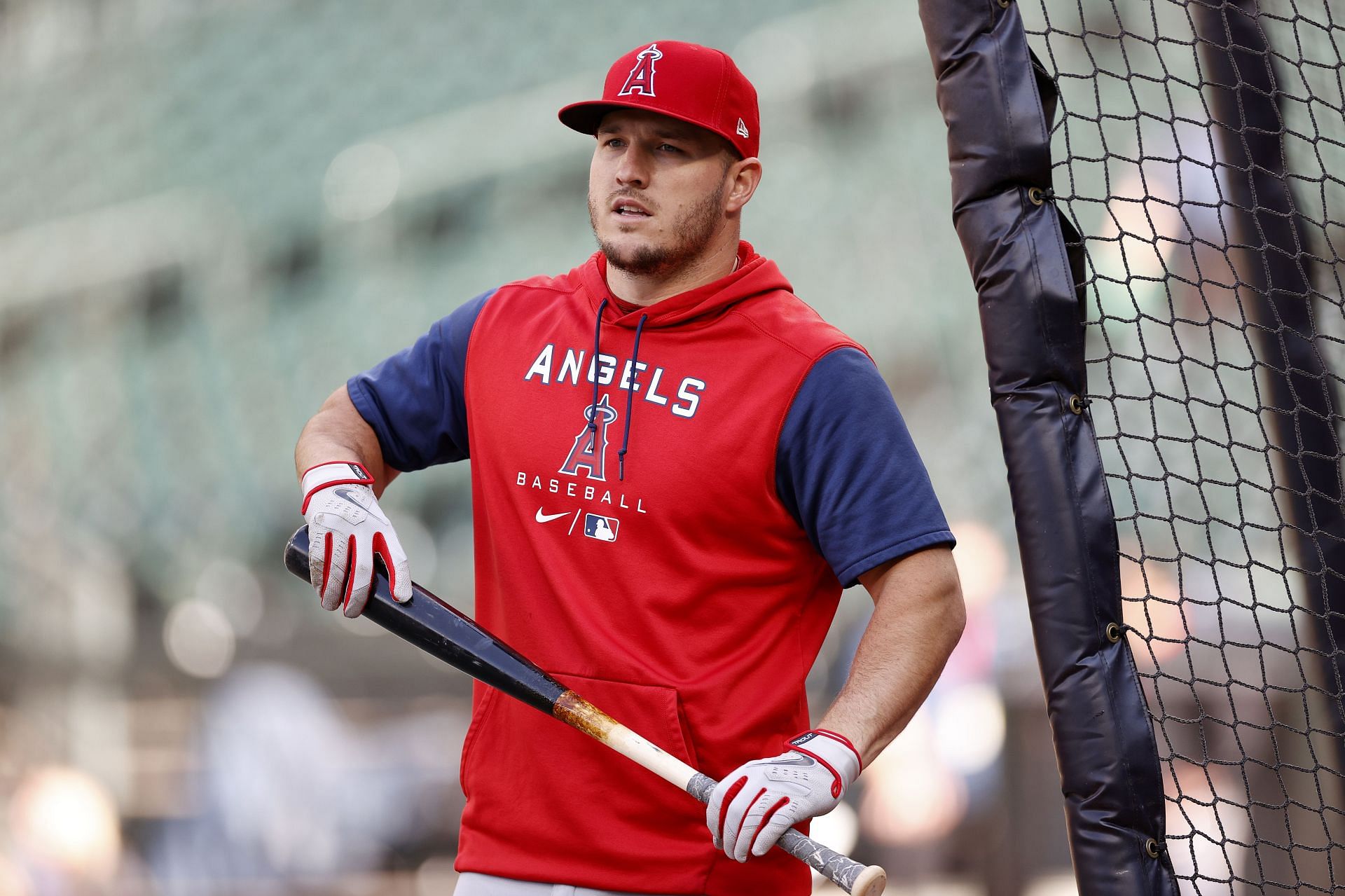 Mike Trout warms up for a Los Angeles Angels v Seattle Mariners game.