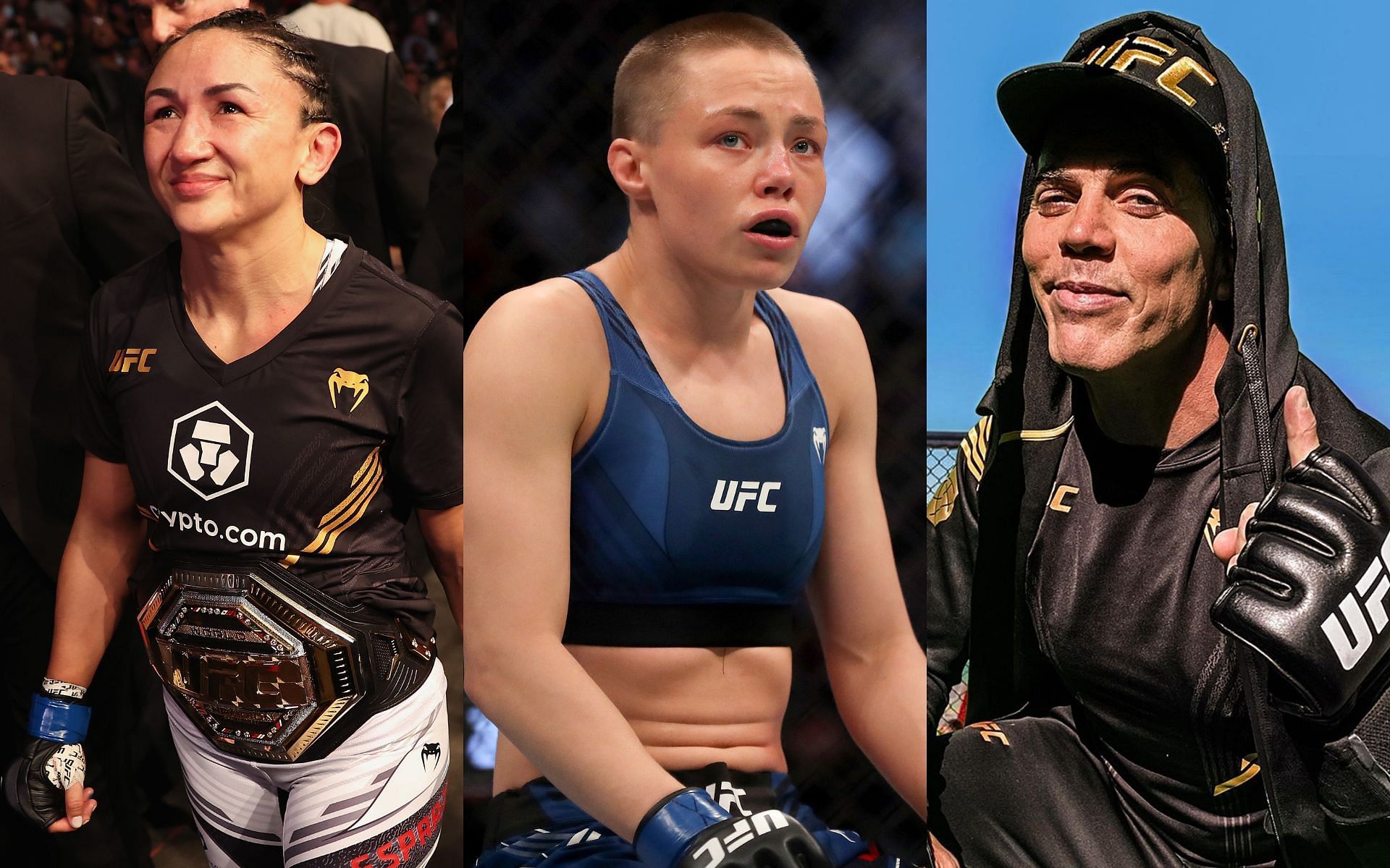 Carla Esparza and Rose Namajunas (left and center, images courtesy of Getty); Steve-O (right, image courtesy of @steveo Instagram)