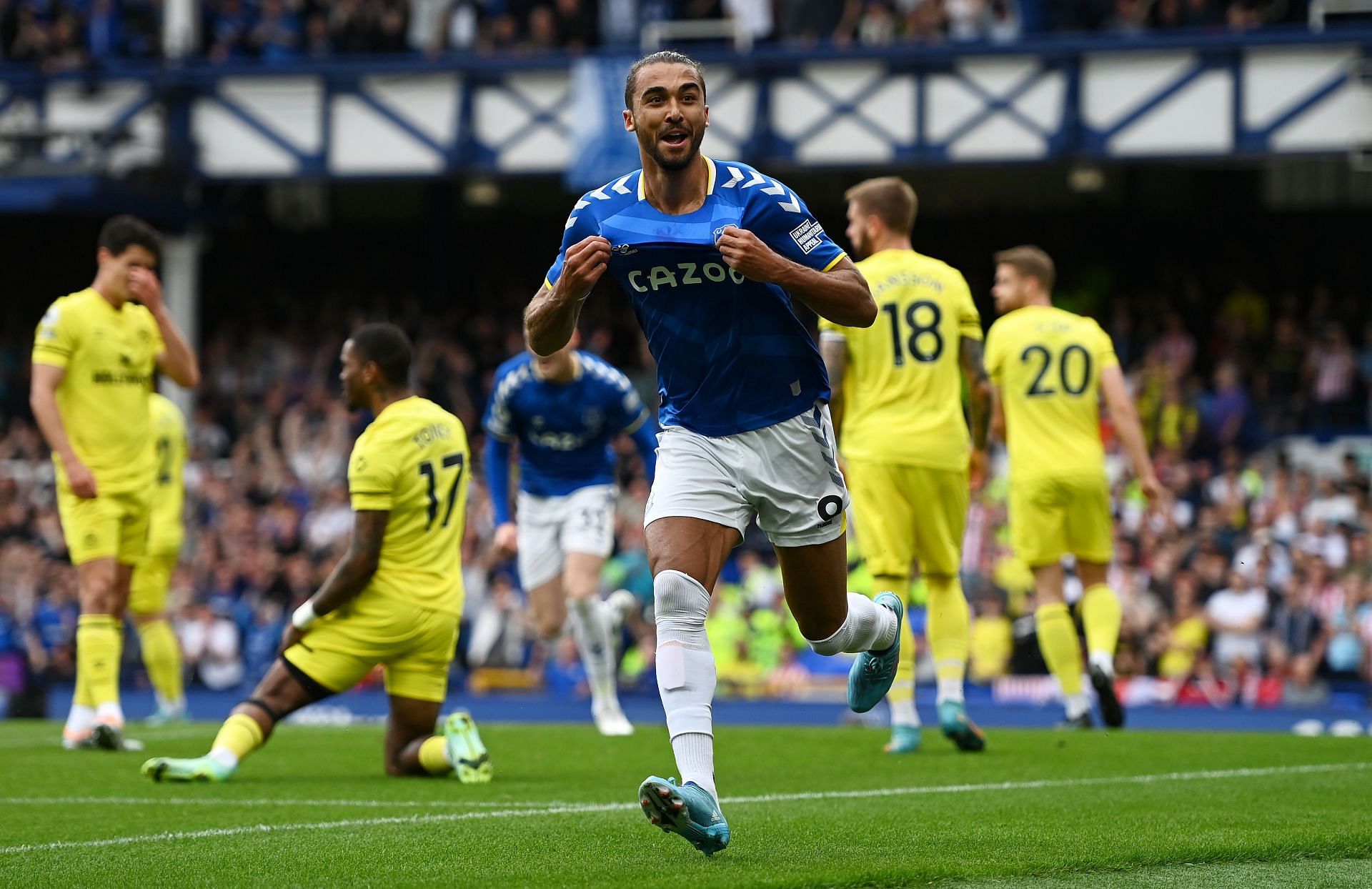 Calvert-Lewin celebrating after scoring against Brentford.