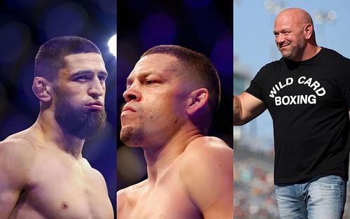 Khamzat Chimaev (left), Nate Diaz (center), and Dana White (right) [Images courtesy of Getty]