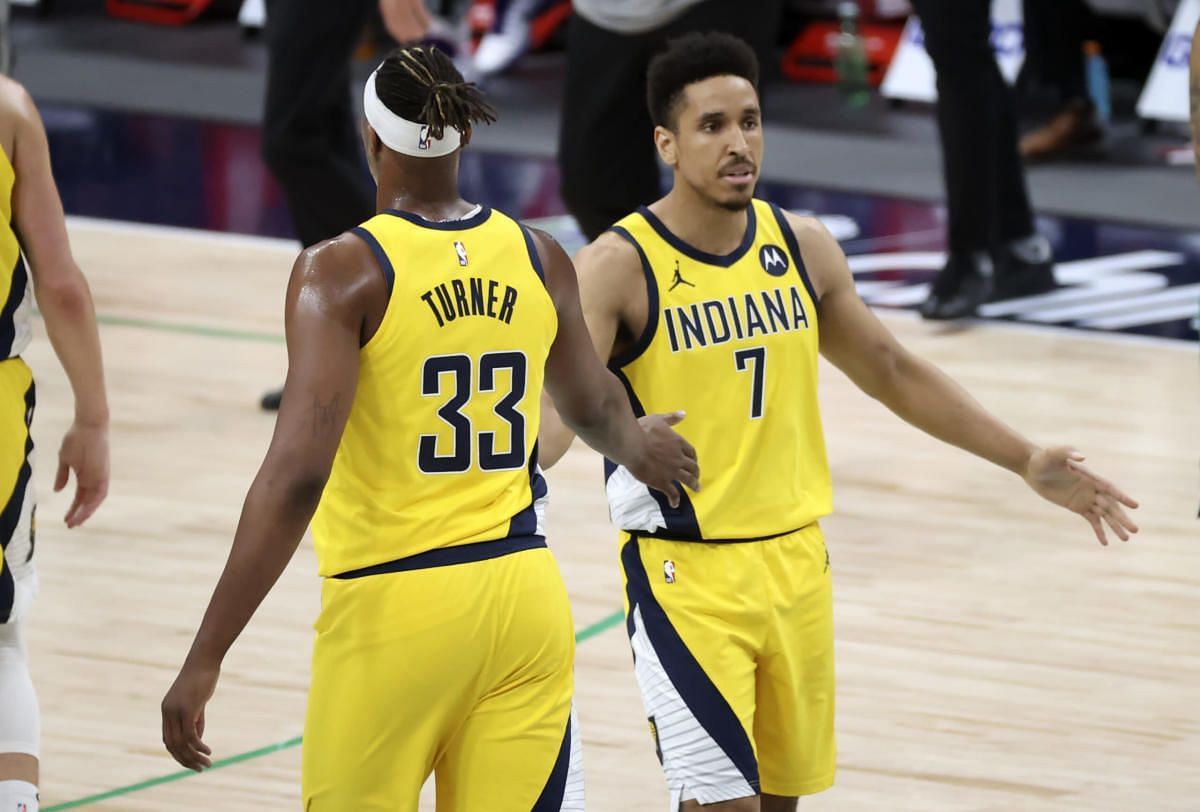 If the Indiana Pacers go full rebuild mode, Myles Turner and Malcolm Brogdon could be gone for draft capital. [Photo: Yahoo! Sports]