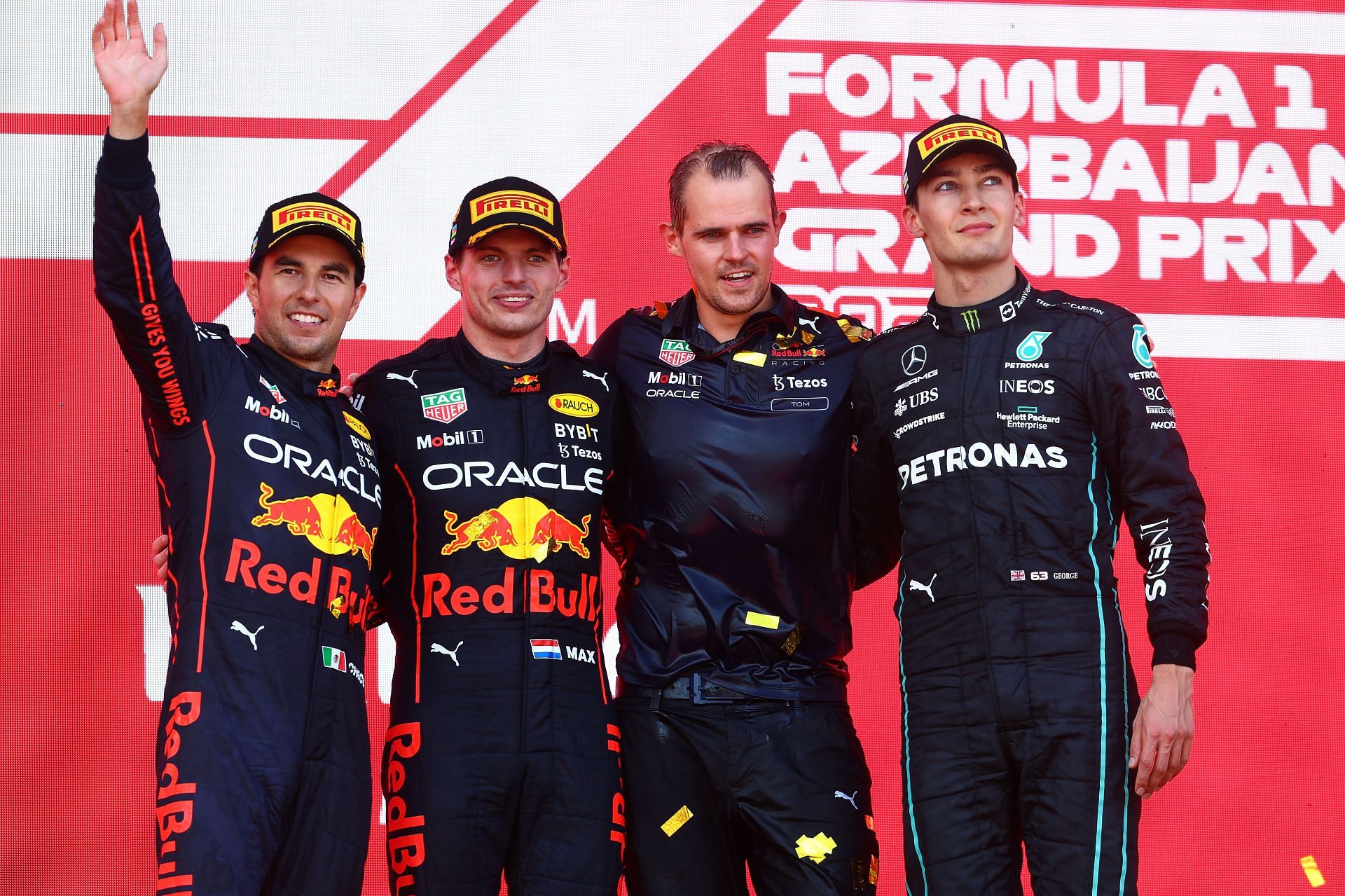 Max Verstappen (second from left) led Red Bull&#039;s third 1-2 of the 2022 F1 season at Baku