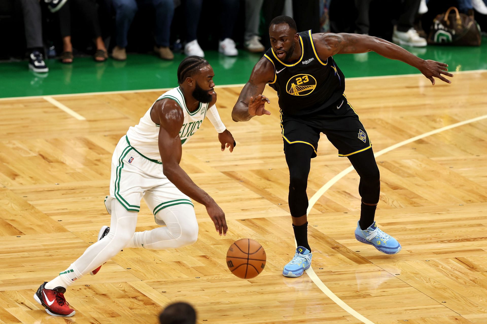 Draymond Green guarding Jaylen Brown during the 2022 NBA Finals - Game Three