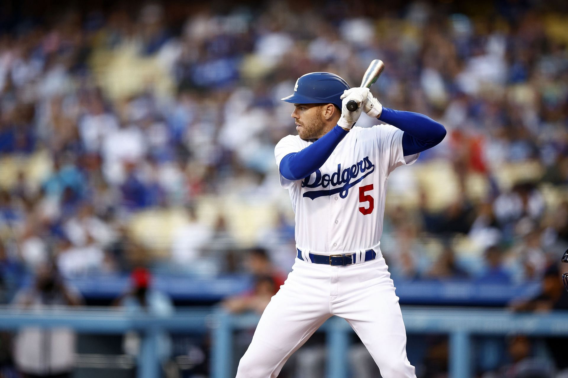 Freddie Freeman bats during a Cleveland Guardians v Los Angeles Dodgers game.