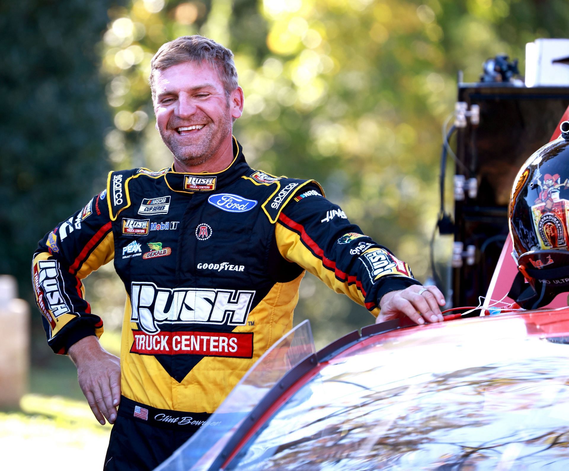 Clint Bowyer smiles as he climbs out of the NASCAR Next Gen car during a testing session at Bowman Gray Stadium (Photo by Grant Halverson/Getty Images)