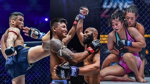 [Photo Credit: ONE Championship] Nong-O Gaiyanghadao, Rodtang Jitmuangnon, Demetrious Johnson, Angela Lee, Stamp Fairtex