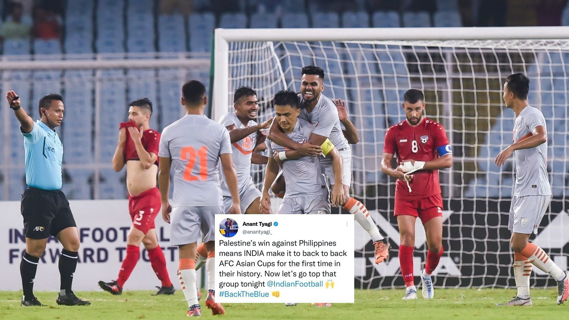 Blue Tigers players celebrate during their victory against Cambodia in the 2023 AFC Asian Cup qualifiers.