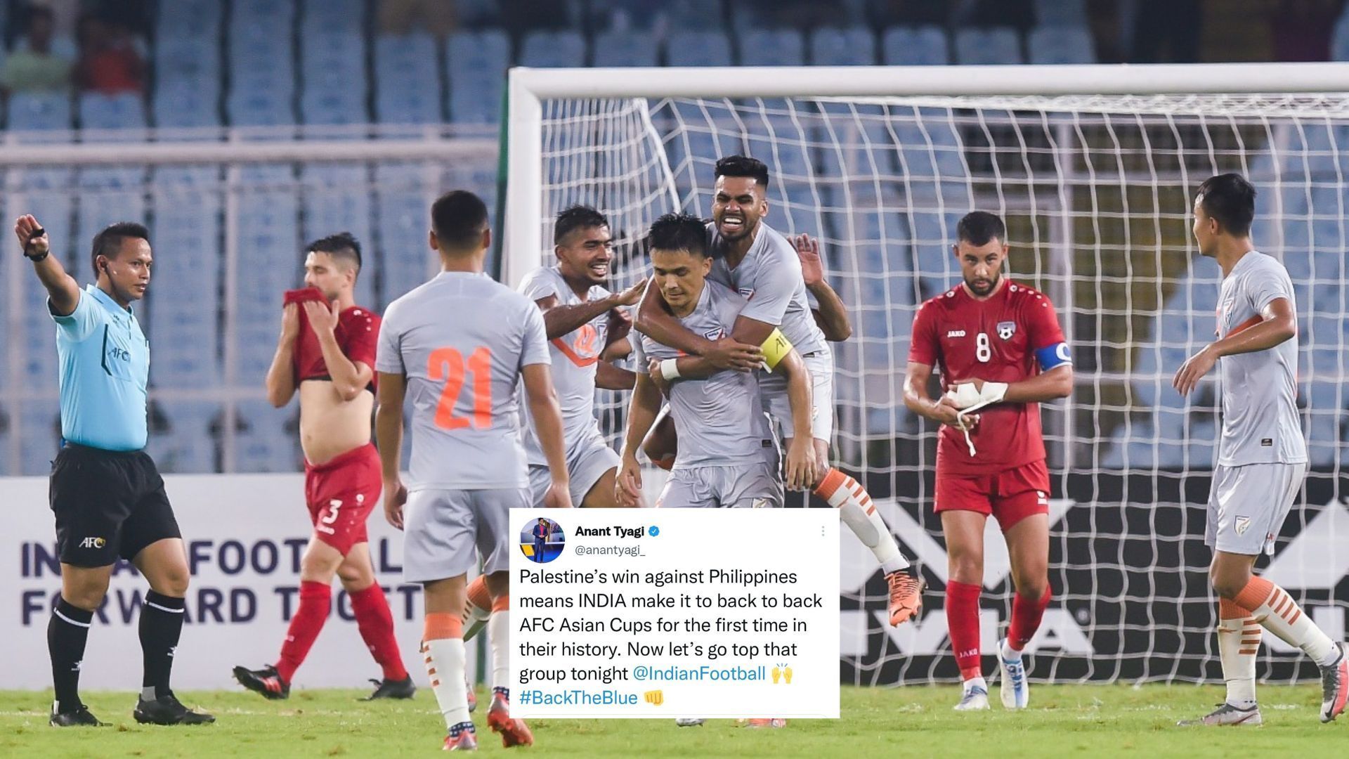 Blue Tigers players celebrate during their victory against Cambodia in the 2023 AFC Asian Cup qualifiers.