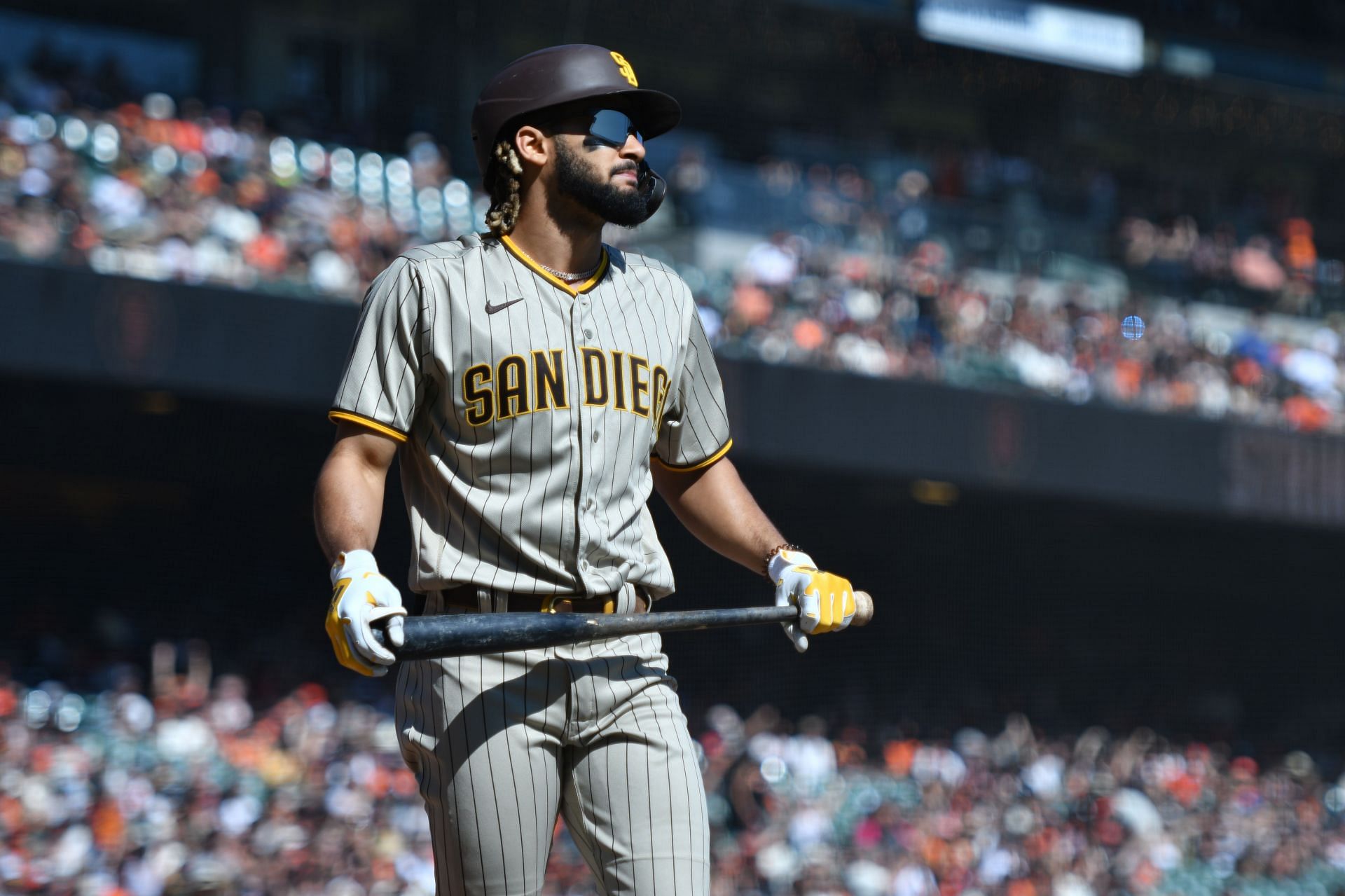 Fernando Tatis Jr. looks on after an at bat during a San Diego Padres v San Francisco Giants game in 2021.