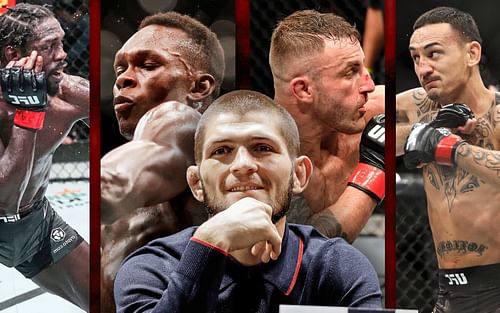 (Background L to R) Jared Cannonier, Israel Adesanya, Alexander Volkanovski, Max Holloway. (Front) Khabib Nurmagomedov