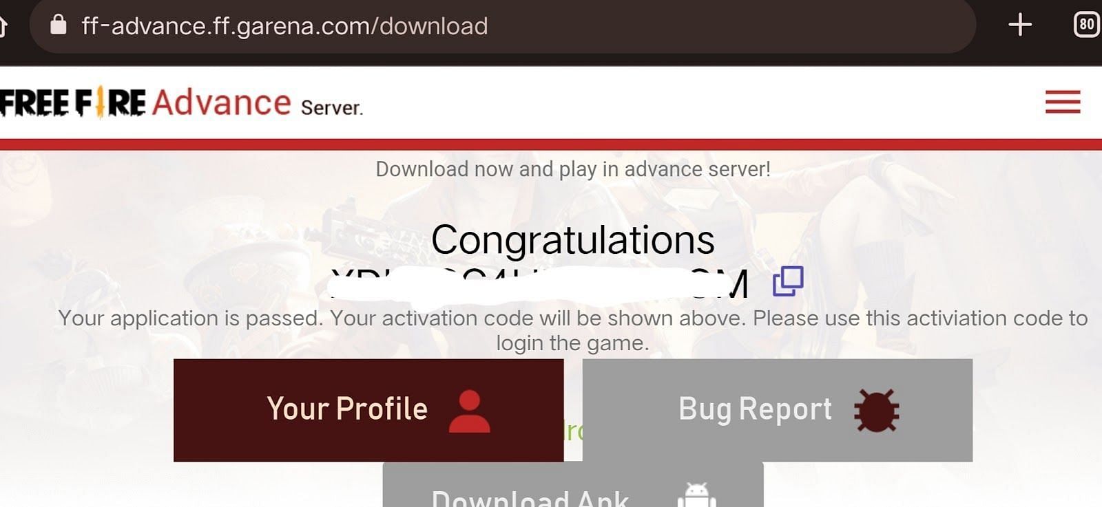 The OB35 Advance Server Activation Code will appear on the APK download page (Image via Garena)