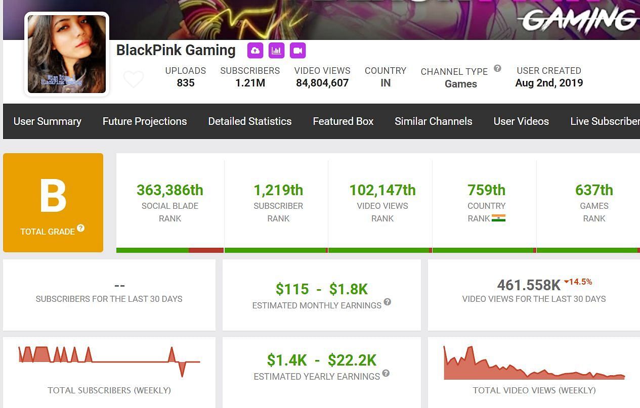 Earnings of the content creator (Image via Social Blade)