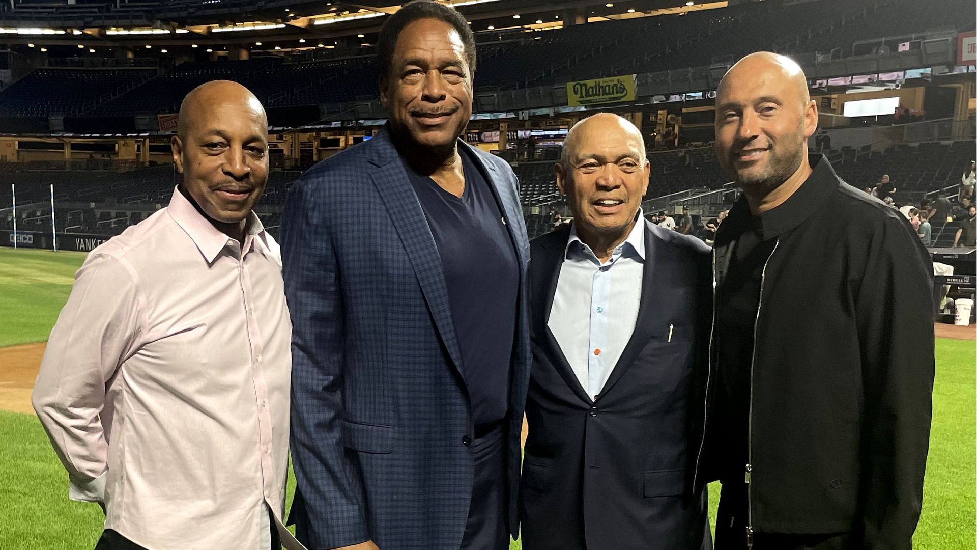 Jeter at Yankee Stadium with Reggie Jackson, Willie Randolph, and Dave Winfield