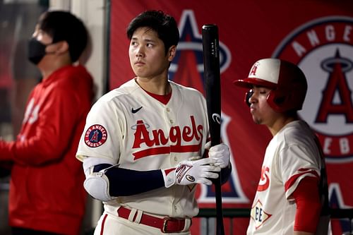 Shohei Ohtani looks on from the dugout, Chicago White Sox v Los Angeles Angels.