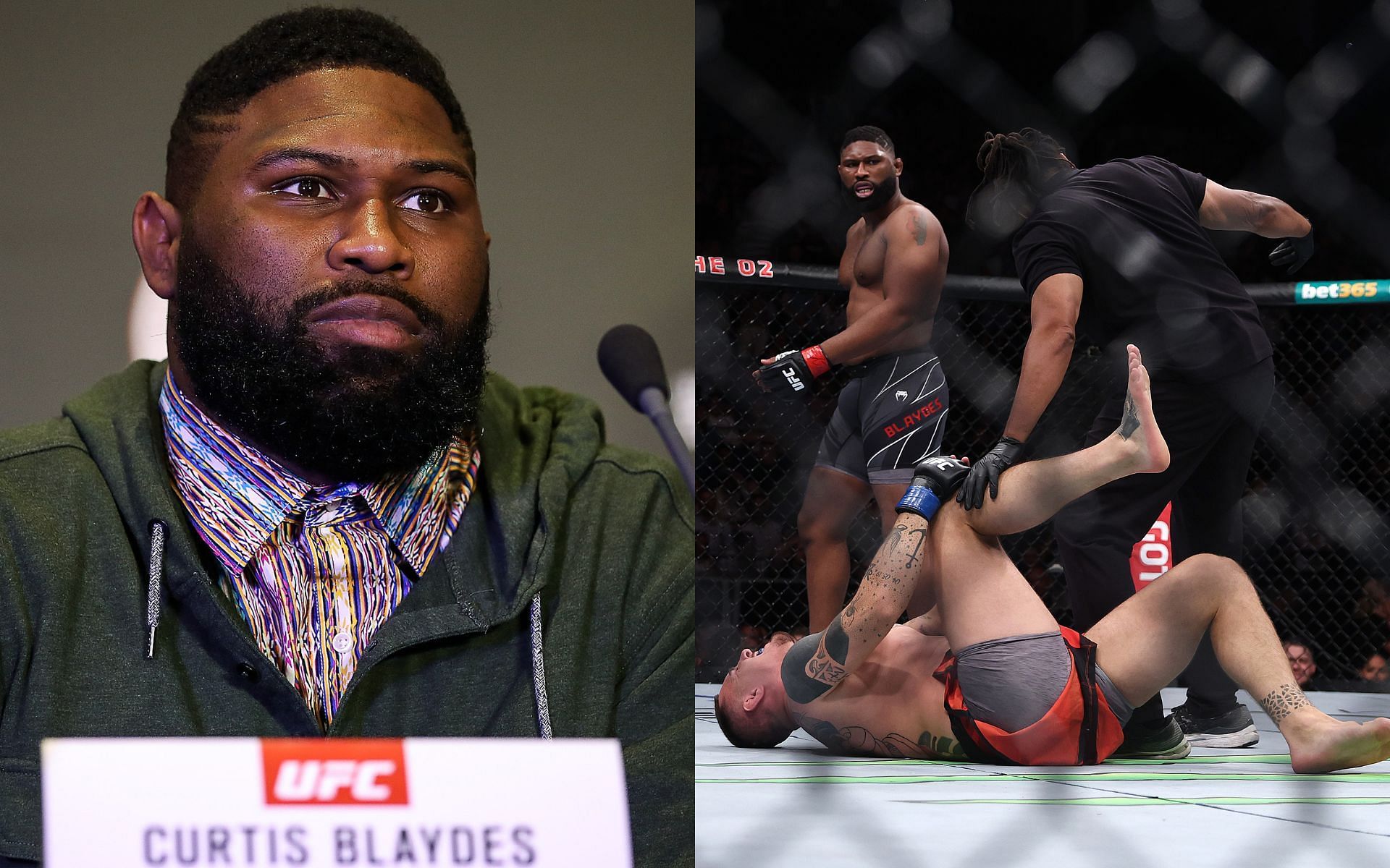 Curtis Blaydes looks on as Tom Aspinall lies on the canvas after getting injured.