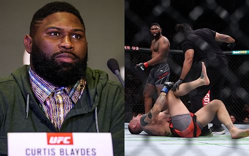 Curtis Blaydes looks on as Tom Aspinall lies on the canvas after getting injured.