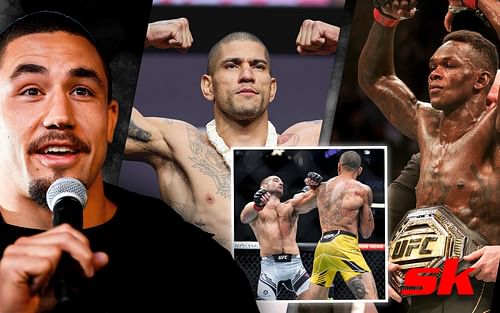 (L-R) Robert Whittaker, Alex Pereira, Pereira vs. Strickland, Israel Adesanya [Images via @ufc on Instagram and Getty]