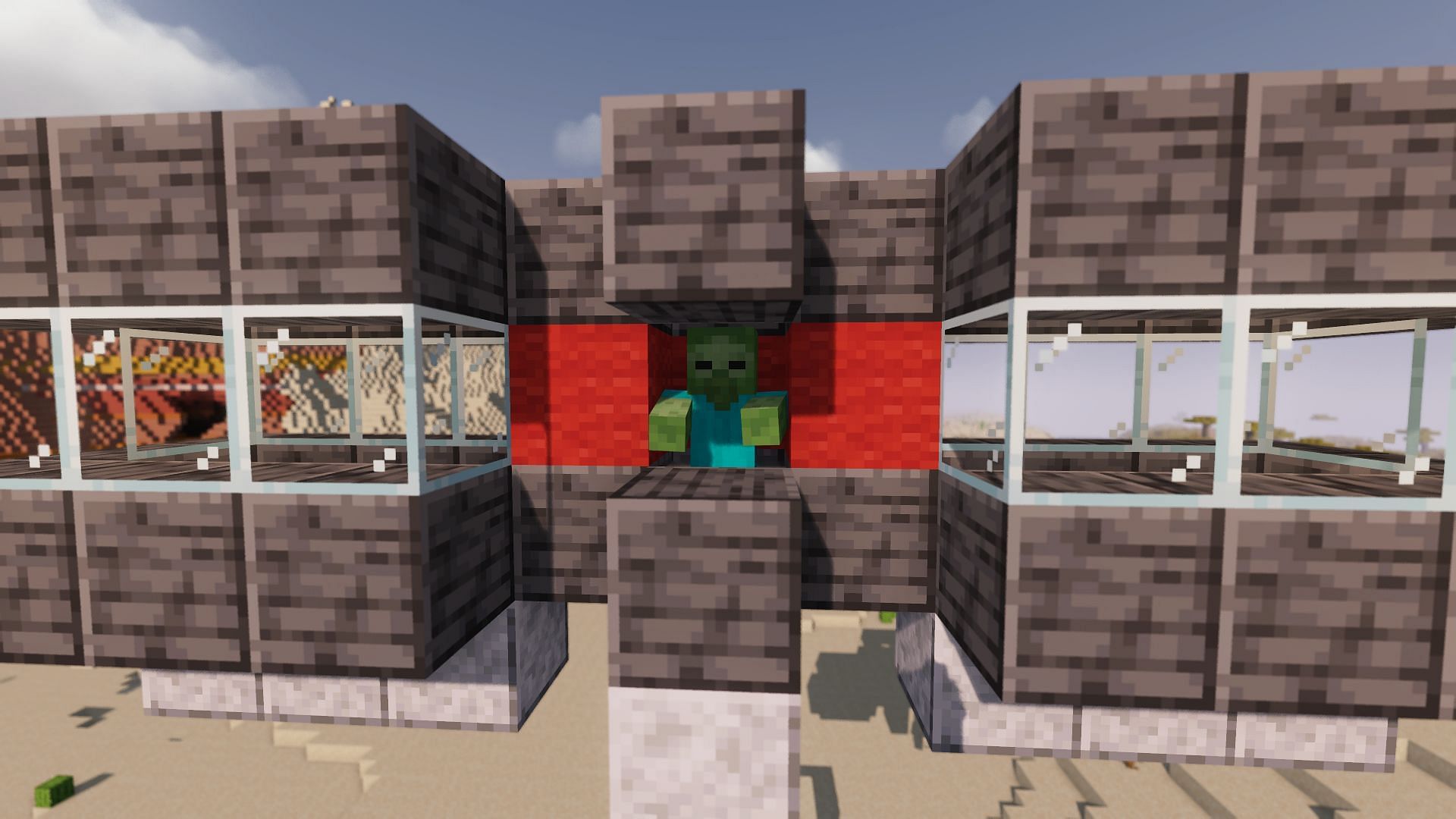 A zombie placed into the iron farm&#039;s center room (Image via Minecraft)