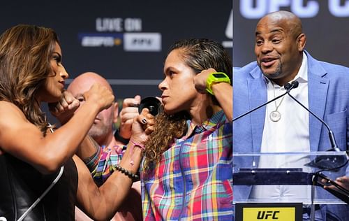 Julianna Pena (L), Amanda Nunes (M) & Daniel Cormier (R)