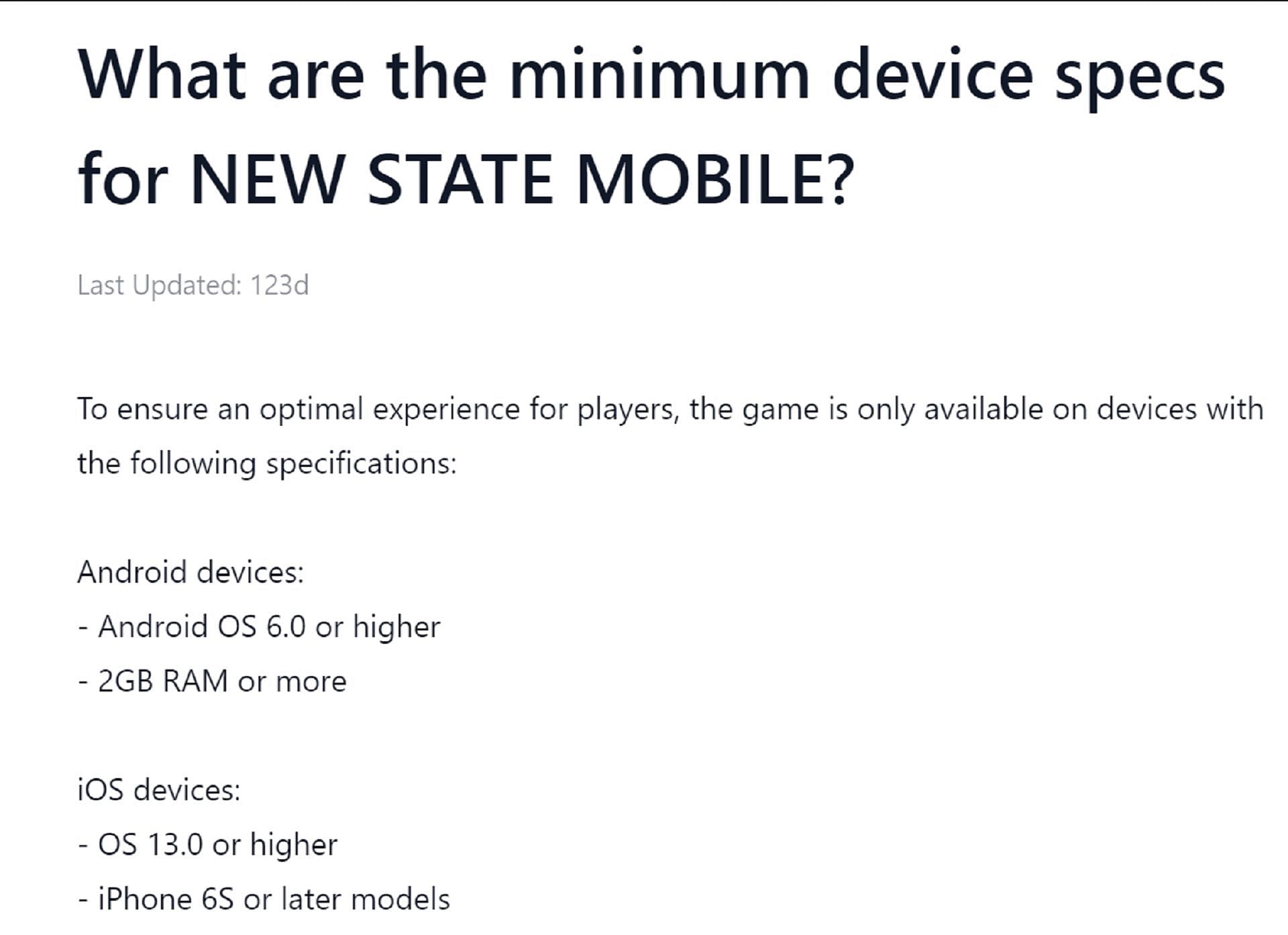 The minimum requirements for New State Mobile (Image via Krafton)