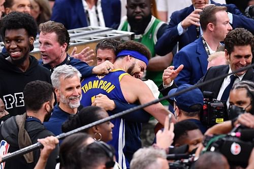 Rick Celebrini and Klay Thompson shared an emotional moment after the Golden State Warriors dispatched the Boston Celtics in the NBA Finals. [Photo: Twitter]