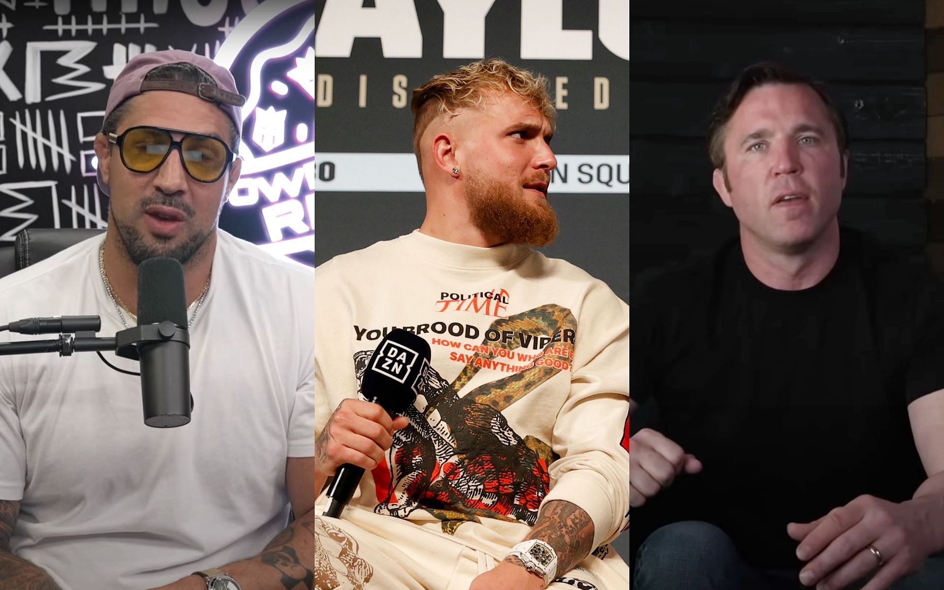 Brendan Schaub (left), Jake Paul (center), and Chael Sonnen (right) (Images via Getty and YouTube/Thiccc Boy and YouTubeChael Sonnen)