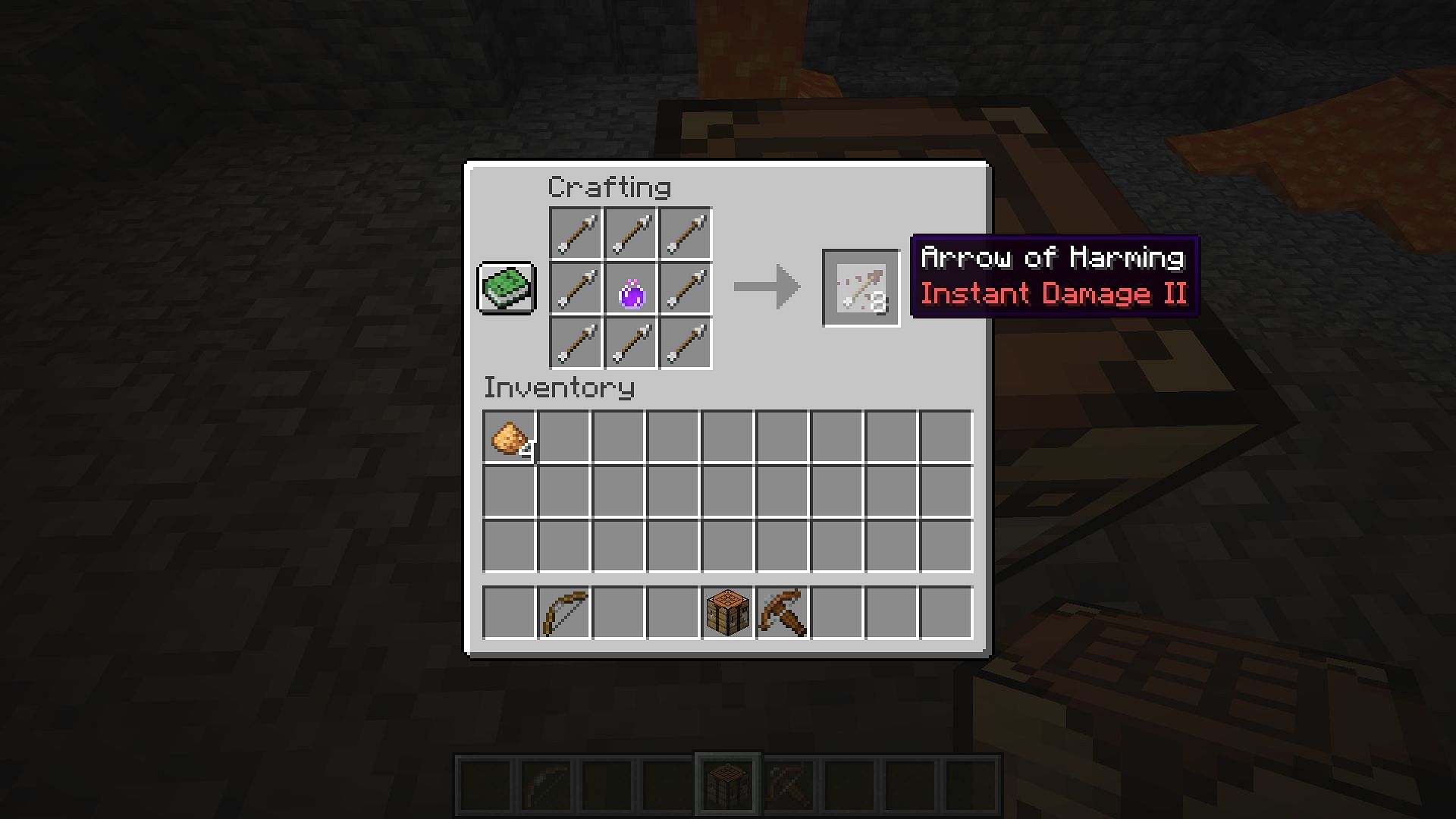 Crafting recipe for tipped arrow of harming (Image via Minecraft 1.19)