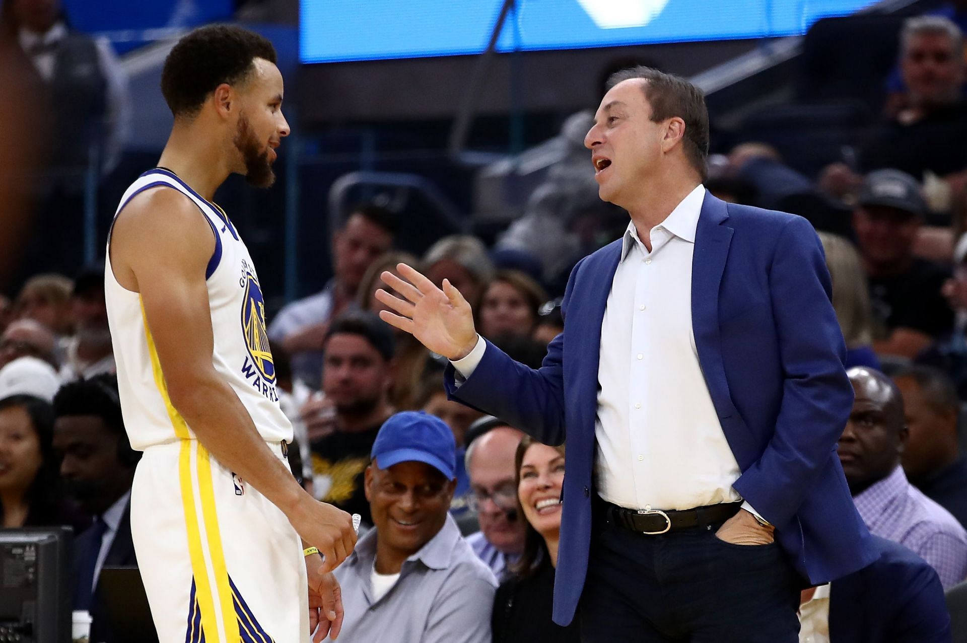 Steph Curry of the Golden State Warriors with team owner Joe Lacob