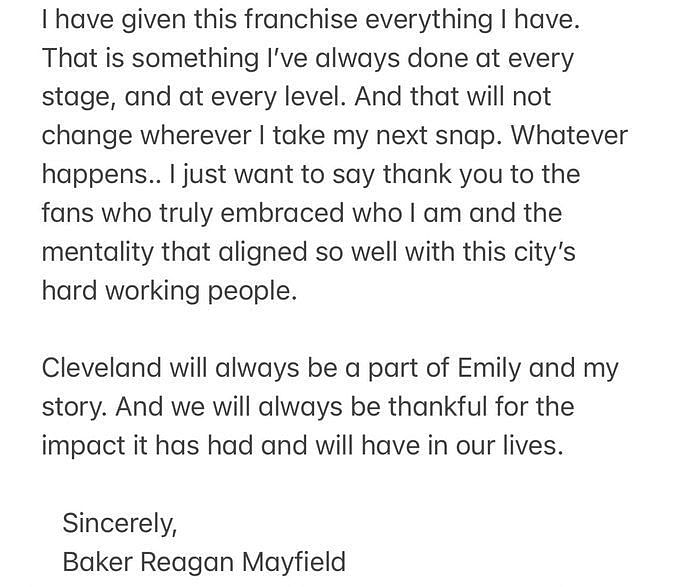 Baker Mayfield hints at goodbye in letter to Cleveland