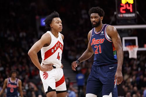 Scottie Barnes and Joel Embiid in action during Philadelphia 76ers v Toronto Raptors - Game Six