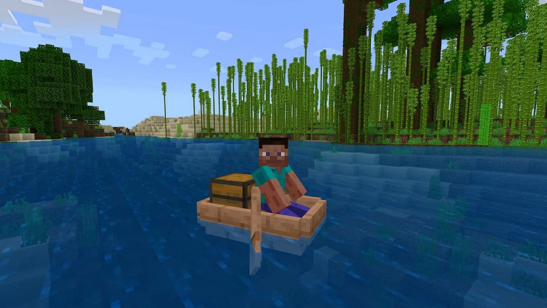 Steve riding a boat with a chest in Minecraft (Image via Mojang)