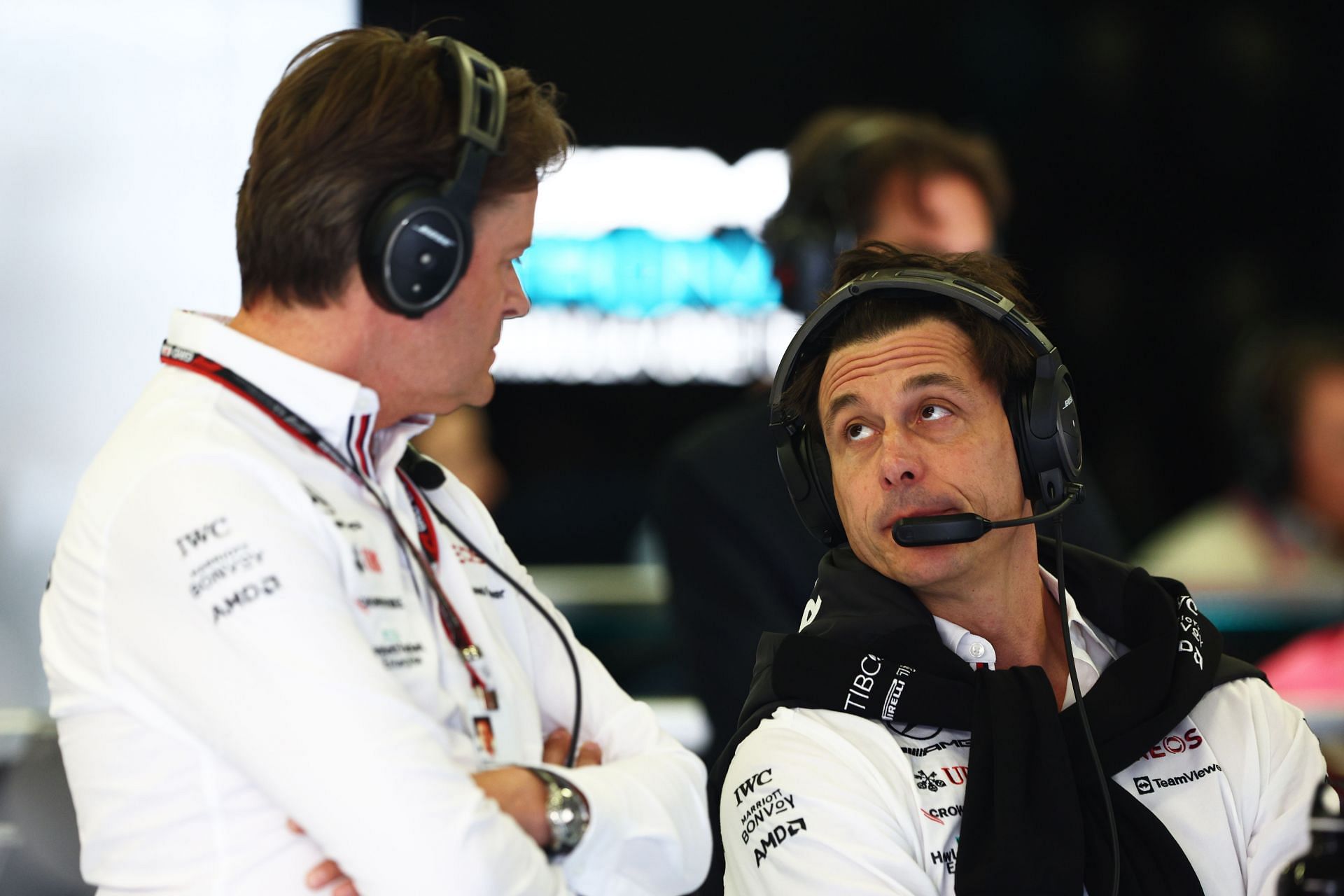 Mercedes GP Executive Director Toto Wolff talks with Markus Schaefer, Chief Technology Officer, Develpment &amp; Purchasing of Mercedes-Benz, during practice ahead of the F1 Grand Prix of Austria at Red Bull Ring on July 09, 2022 in Spielberg, Austria. (Photo by Clive Rose/Getty Images)