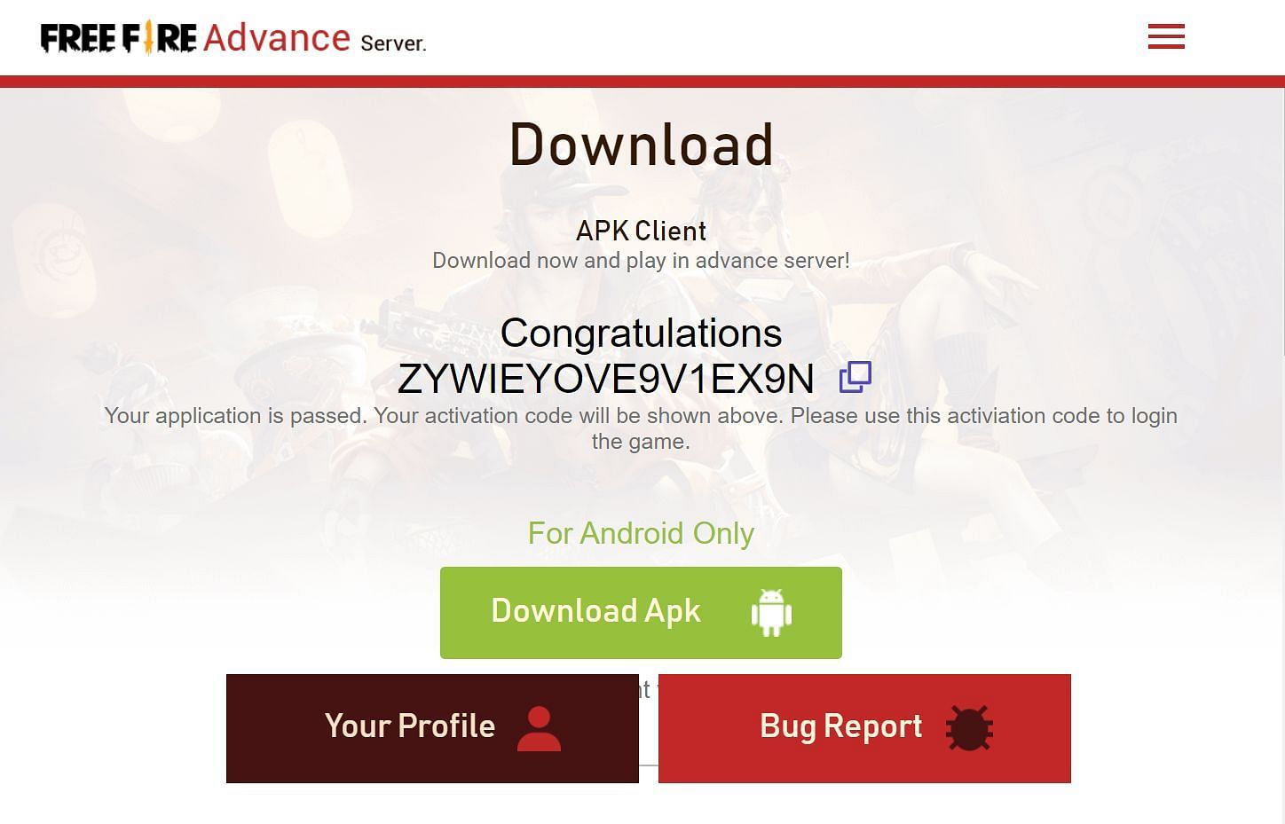 Download the APK and enjoy accessing the Advance Server(Image via Garena)