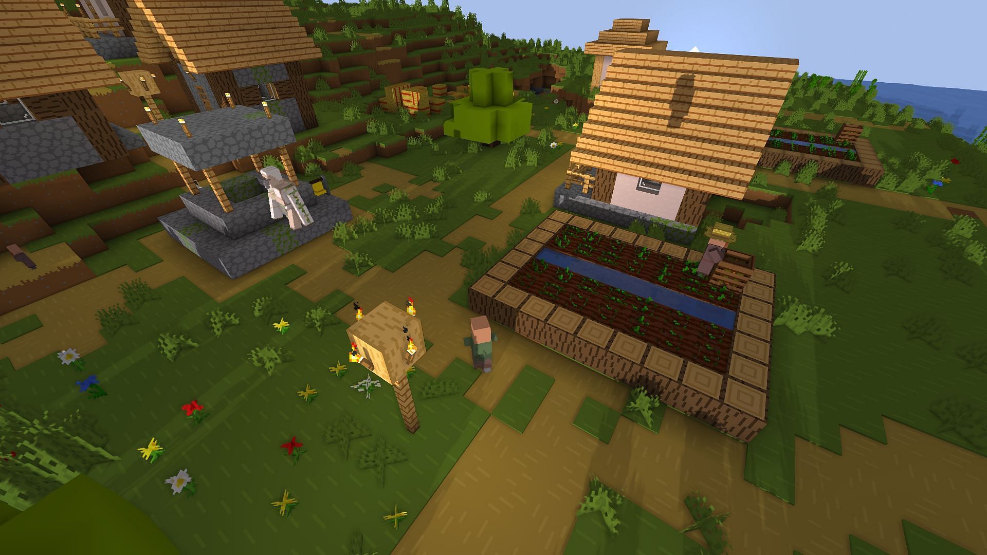 An in-game village looking very similar to how they look in trailers (Image via Minecraft)