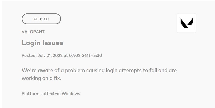 Valorant Login Issue, server downtime status (June 2)