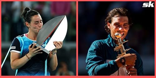 Rafael Nadal and Ons Jabeur with their trophies