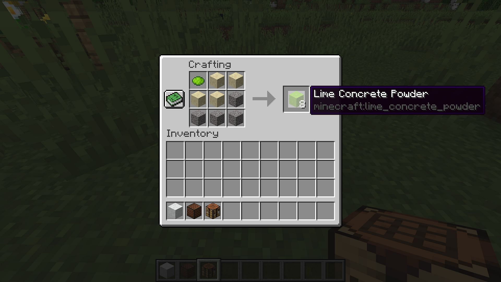 Lime concrete powder being crafted by adding a dye to the crafting recipe (Image via Minecraft 1.19 update)