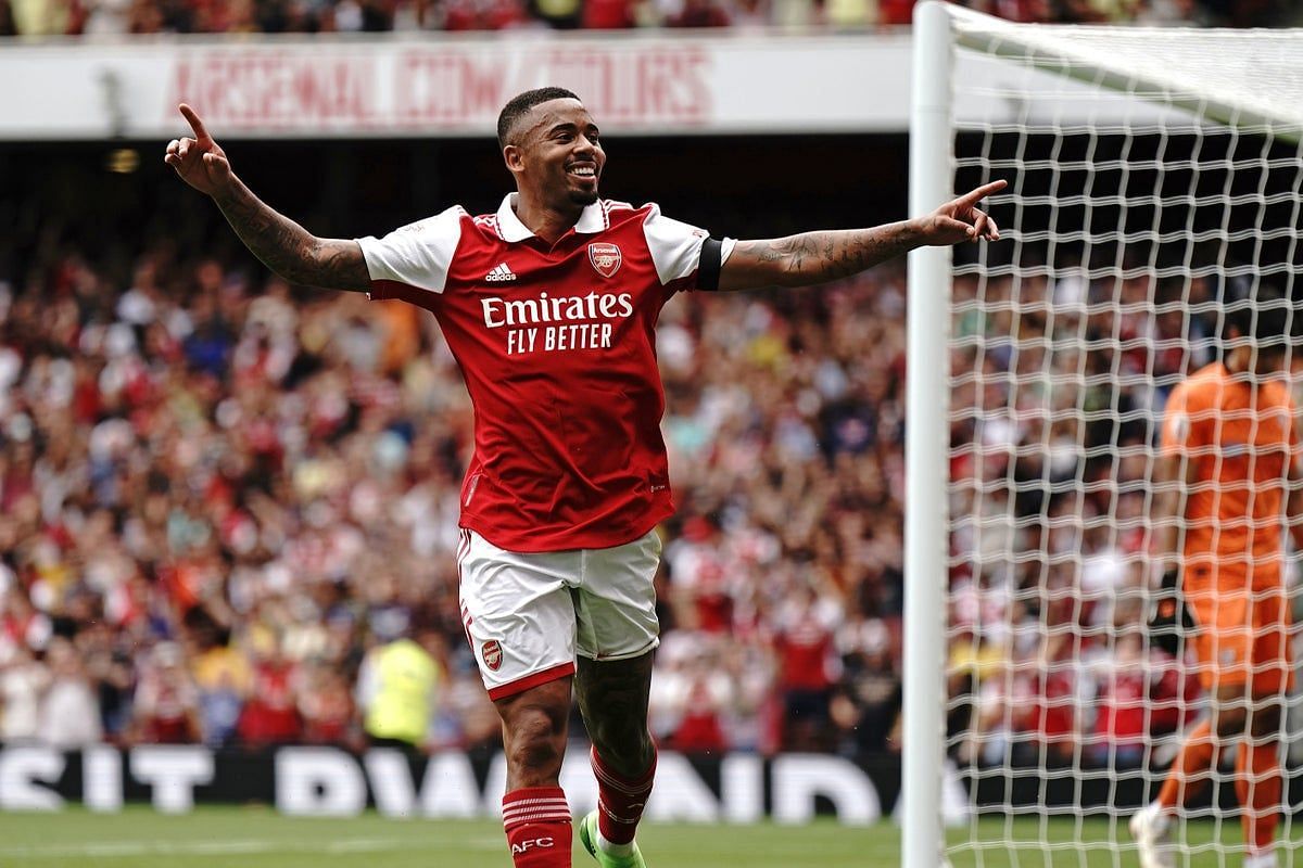 Gabriel Jesus celebrates after scoring Arsenal&#039;s third goal.