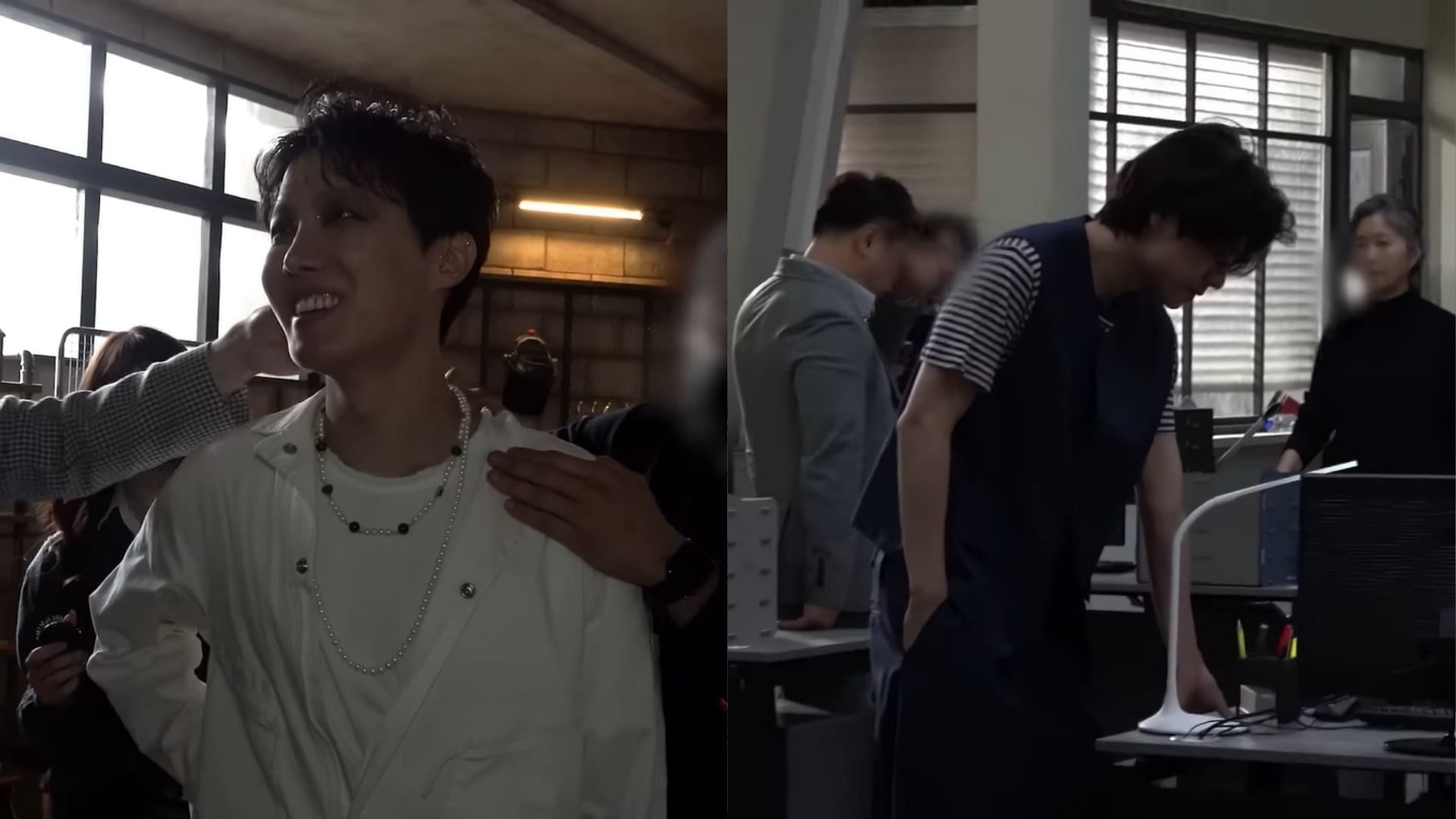 BTS&#039; j-hope looks lovingly at V during the MORE music video filming behind-the-scenes (Image via BANGTANTV/YouTube)