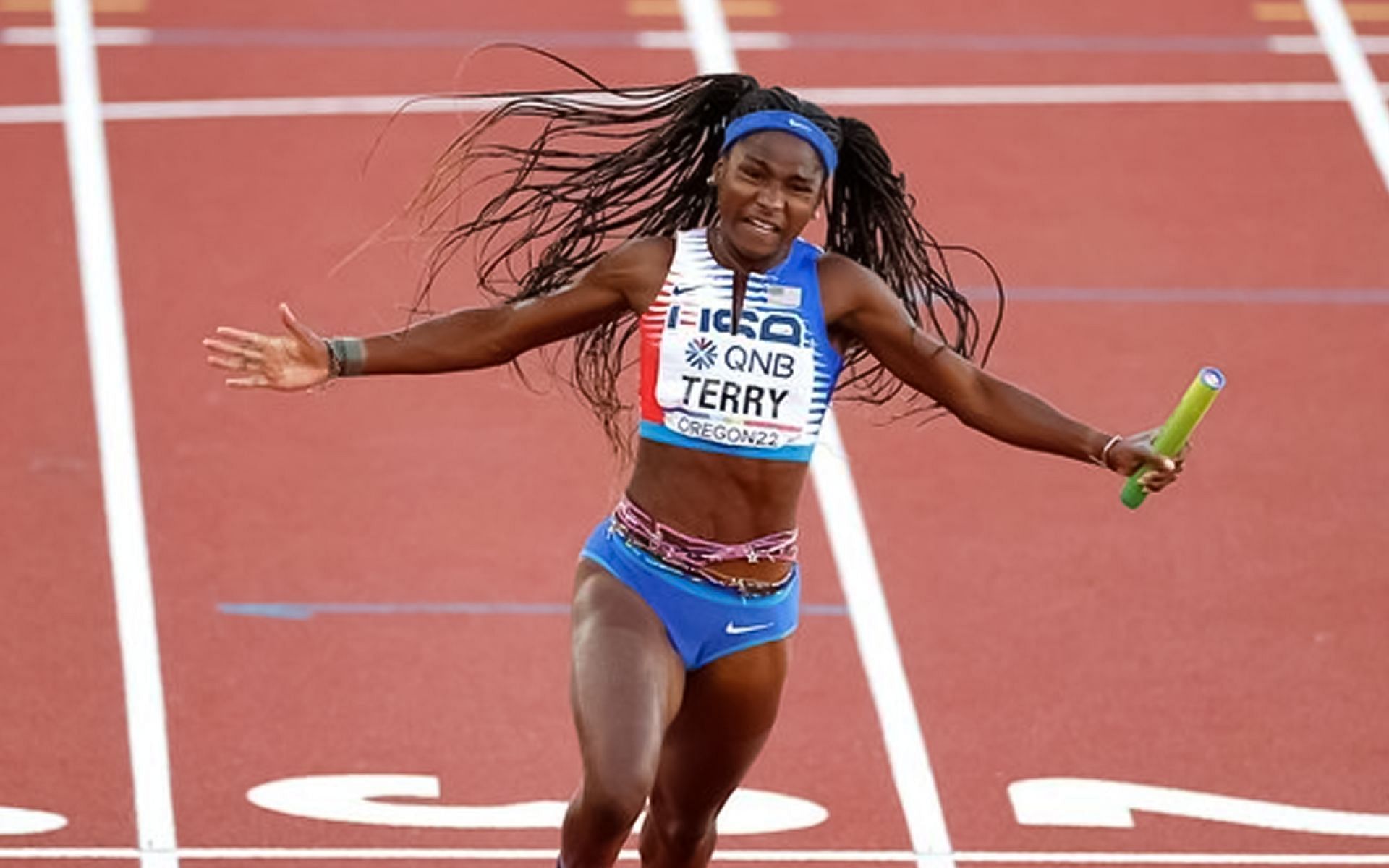 An ecstatic Twanisha Terry after winning the 400 meters Relay (Image via World Athletics)