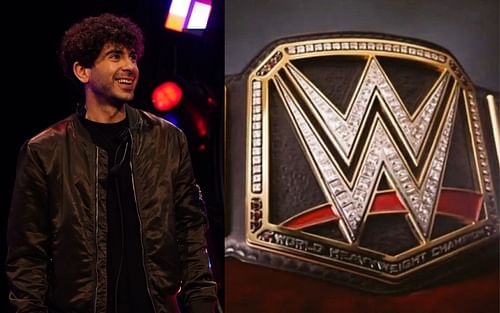 AEW President Tony Khan (left) and WWE Championship (right).