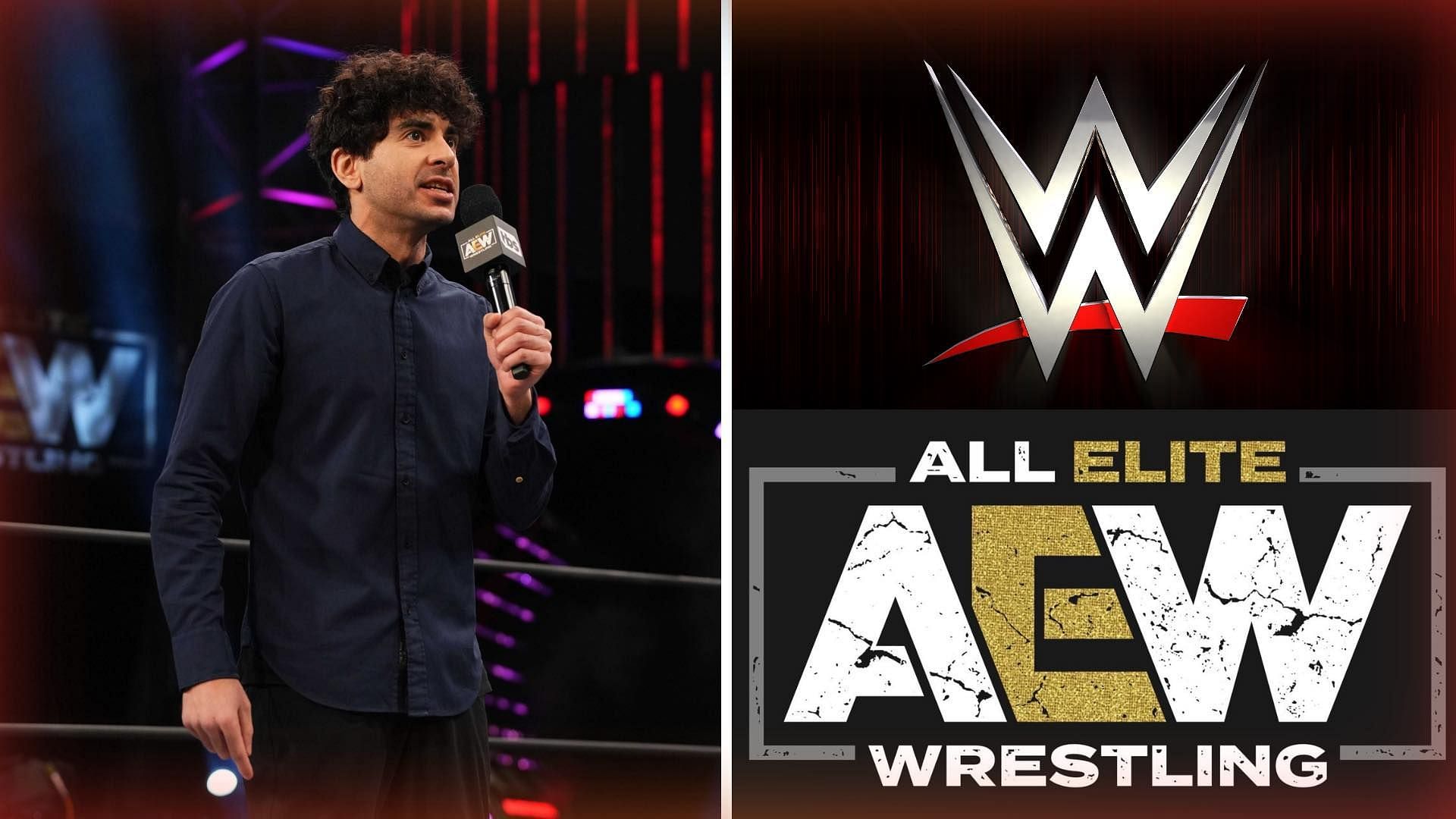 Tony Khan (left) and AEW and WWE logos (right).