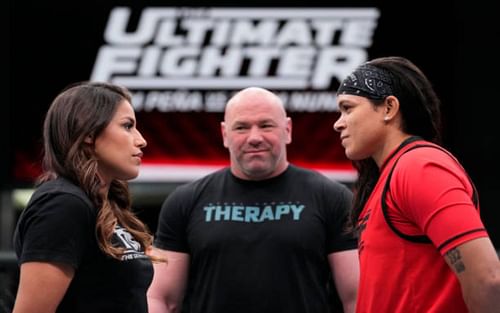 Julianna Pena (L), Dana White (M), and Amanda Nunes (R) [Image Courtesy: Chris Unger]