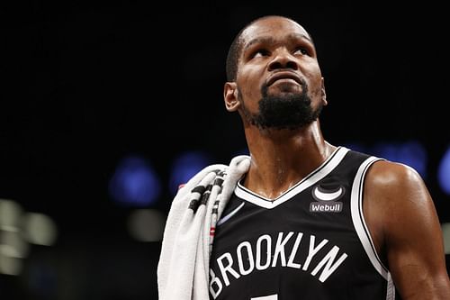 Kevin Durant #7 of the Brooklyn Nets looks on during the first half of the Eastern Conference 2022 Play-In Tournament against the Cleveland Cavaliers at Barclays Center on April 12, 2022, in the Brooklyn borough of New York City.