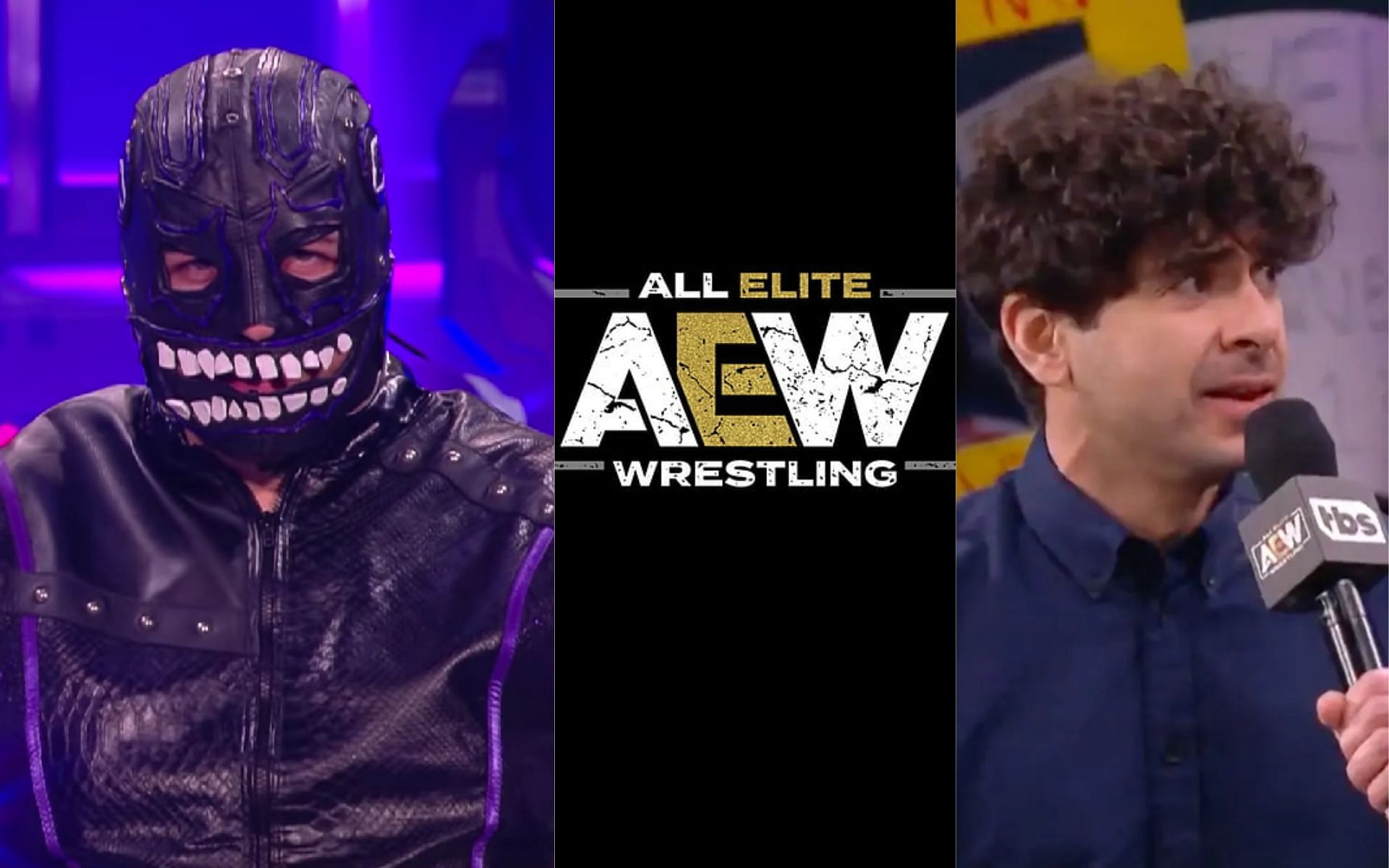 Evil Uno (left) / AEW logo (center) / President Tony Khan (right).