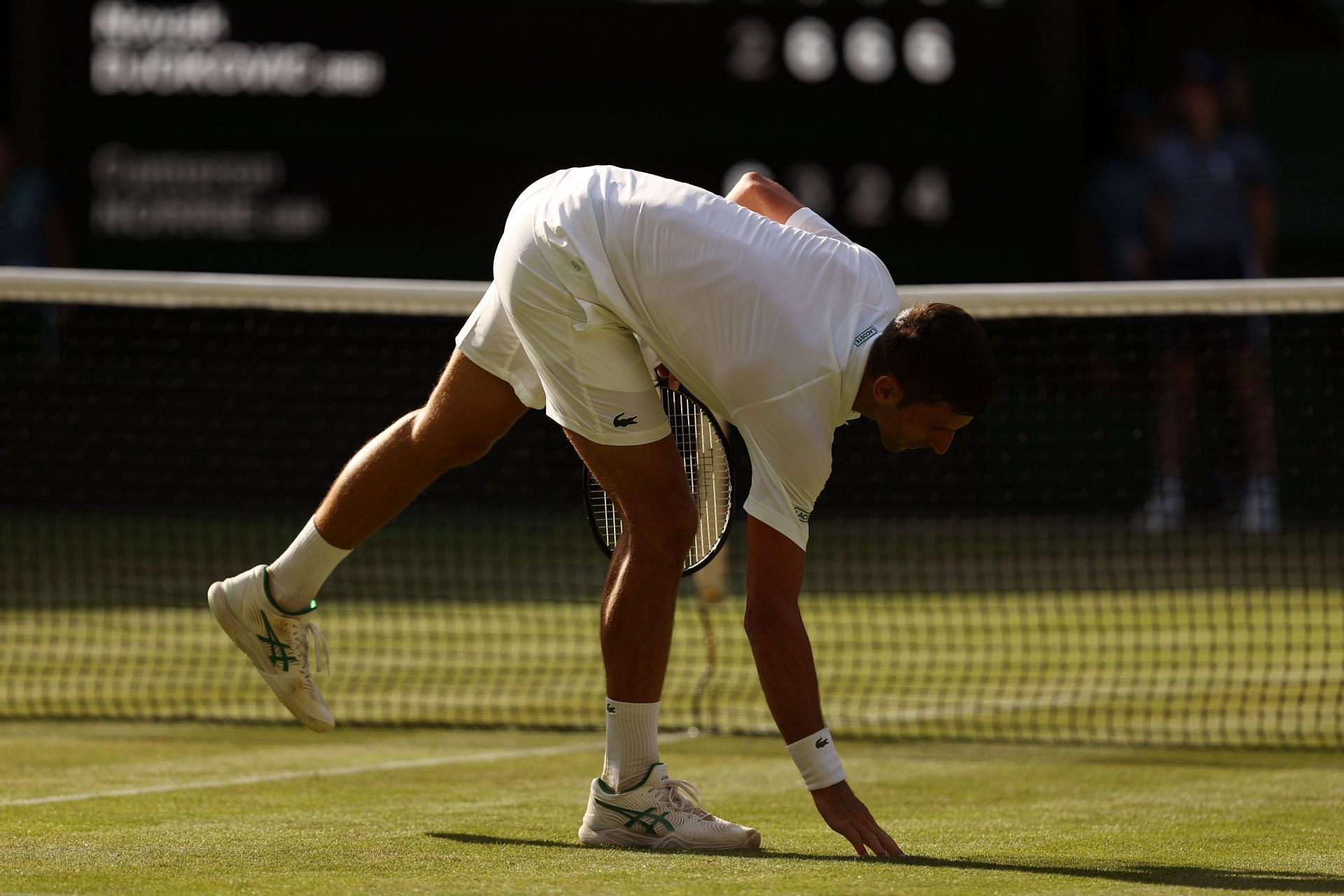 Novak Djokovic touches the Wimbledon grass as he celebrates his match point in the semifinals