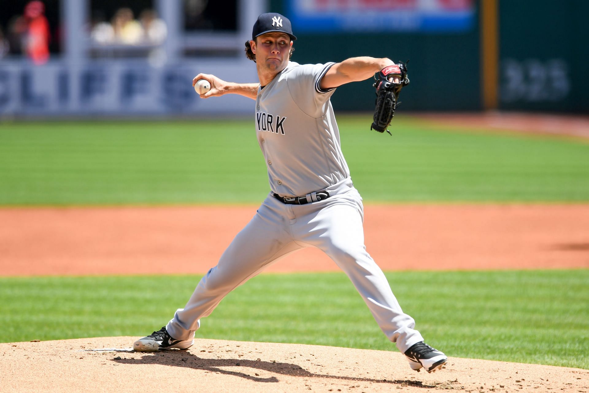 New York Yankees starting pitcher Gerrit Cole flips his hair back